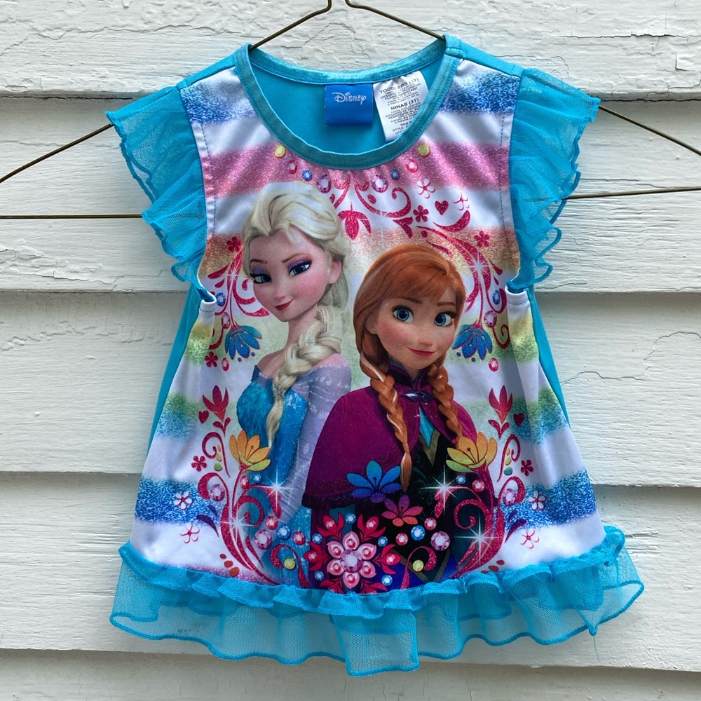 Disney Toddler Frozen Frilly Top Blue and Pink 3T